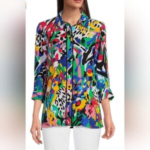 NWOT ALI MILES Size XL Abstract Colorful Woven Button Front Tunic Top 3/4 Sleeve